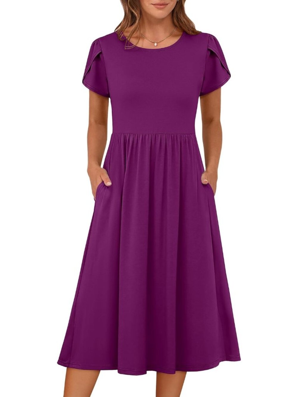 Women's Dark Purple Short Sleeve Crew Neck A LINE Casual With Pockets MIDI Dress